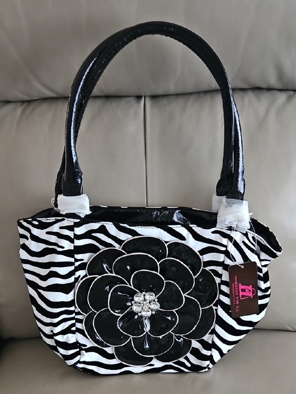 Black & White Zebra Flower Tote Bag with Crystal Accent